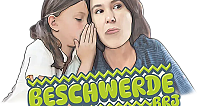 Kind flüstert erwachsener Frau ins Ohr davor der Schriftzug Beschwerde
